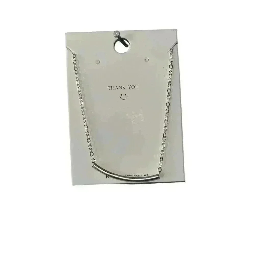 B1G1 Silver Tube Necklace Minimalist Curved Bar Pendant Adjustable 16-18 Inches